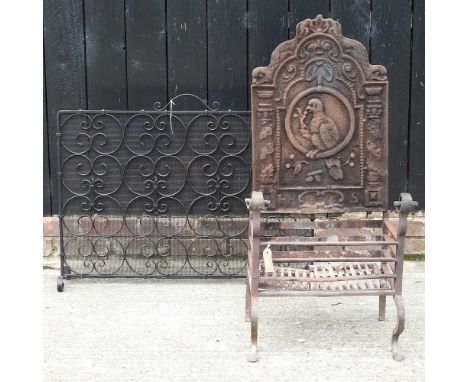 A wrought iron fire basket, together with a black painted wrought iron screen (2)50w x 99h x 40d cm