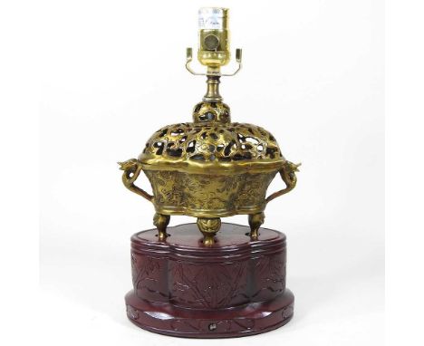 An oriental table lamp, in the form of a censer, 34cm high