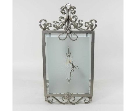 A painted wrought iron hanging lantern, with etched glass panels, 47cm