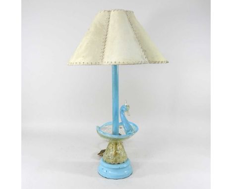 A Venetian glass table lamp, with a swan support, 70cm high