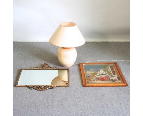 A pottery table lamp and shade, 76cm high overall, together with a modern gilt framed wall mirror and a 19th century tapestry