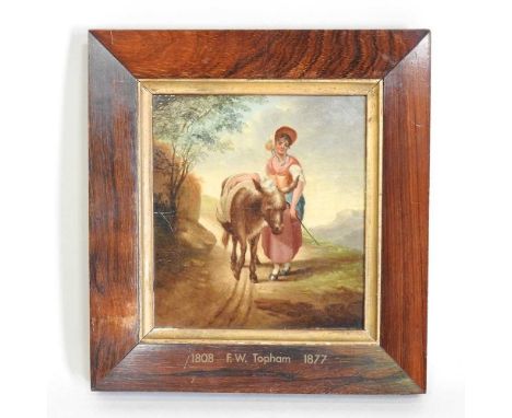 F W Topham, 1808-1877, girl with a donkey, oil on panel, 16 x 14cm