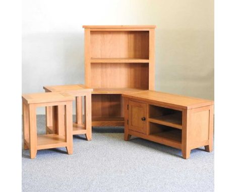 A light oak open bookcase, together with a cabinet and a pair of occasional tables (4)80w x 30d x 120h cm