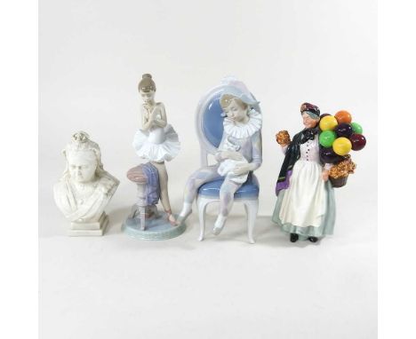 A Royal Doulton figure Biddy Penny Farthing, HN1843, together with a Goss memorial bust of Queen Victoria, 17cm high and two 