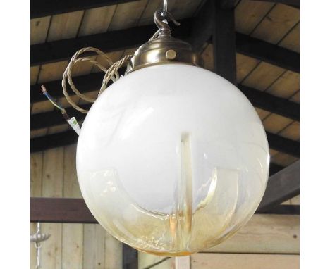 An opaque glass pendant light, with a brass fitting, 30cm high