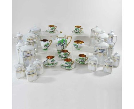 A 1930's Carlton Ware Landscape Tree pattern lustre coffee service, decorated with green trees and swallows, with six setting