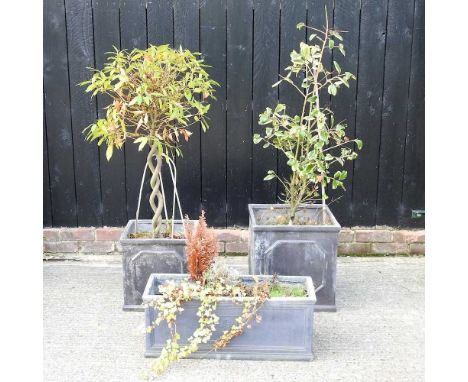 A charcoal grey square planter, together with another smaller and similar trough, 75w x 29d x 29h cm