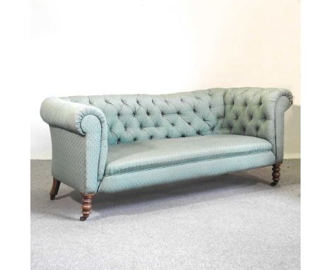 A Victorian green upholstered button back chesterfield sofa, on turned legs195w x 83d x 82h cm