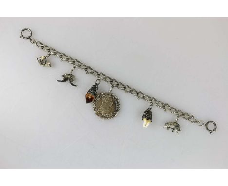 Charivari mit 5 Anhängern und einer Münze, Jagdschmuck, 835er Silber, Federringe 925er Silber, gemarkt, Anhänger: Wildschwein