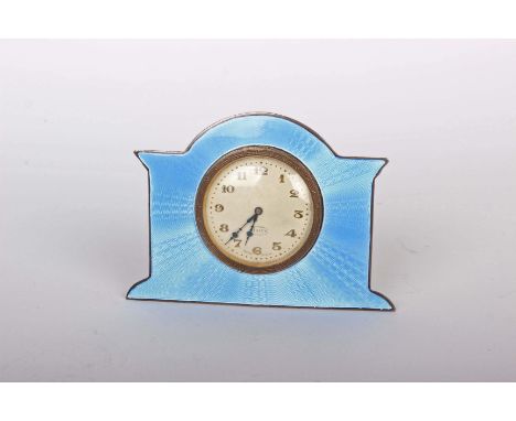 A sterling silver art deco mantle clock with guilloche enamel decoration and 8 day movement. 