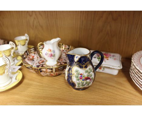 Seven Copeland 19th century botanical plates, Royal Worcester exotic bird milk jug, Royal Crown Derby Imari fluted bowl, with