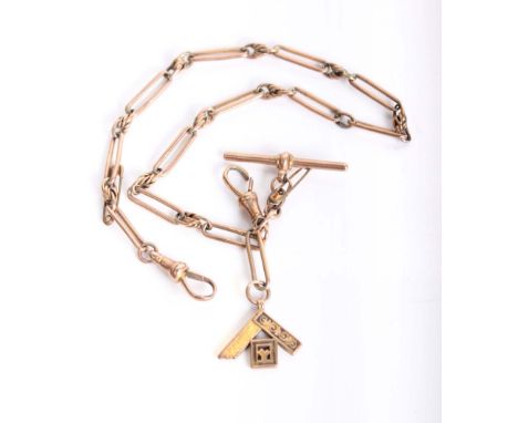 A 9ct rose gold Albert chain with button hook and masonic watch fob. 26.4g