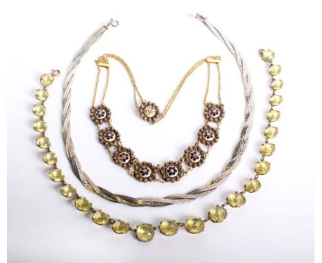 A 19th century paste riviere necklace together with a yellow metal and enamel necklace and a white metal flat link triple str