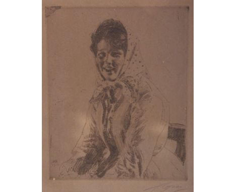 Anders Zorn (Swedish 1860-1920)'Skerri kulla'Etching Signed in pencil lower right25 x 19cm Label verso T &amp; R Annan &amp; 