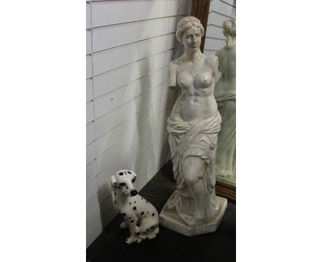 A ceramic seated dalmation 45cm high and a ceramic Classical figure 116cm high  
