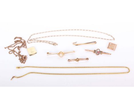 A 9ct gold pearl and old cut diamond bar brooch together with 2 9ct bar brooches and two unmarked yellow metal brooches a 9ct