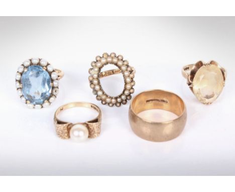 Five 9ct gold rings, a wedding band, a paste set ring with seed pearl surround a Citrine set dress ring a pearl set ring and 