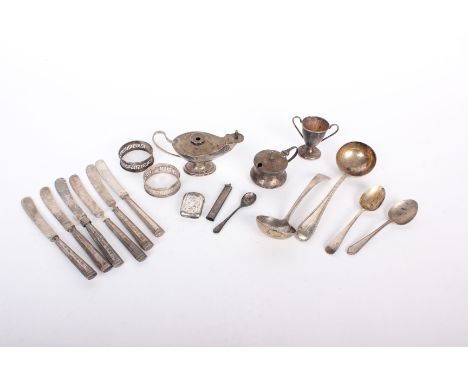 A pair of silver napkin rings, Henry Griffiths &amp; Sons Ltd, each with pierced greek key decoration, a soup ladle, further 