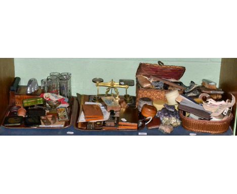 Collectables including postal scales, drawing sets, rulers, tins, sewing related items, etc (one shelf) 