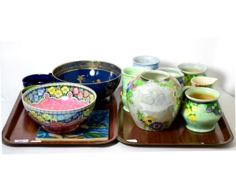 Three Maling bowls and a jar; a Carlton ware blue ground bowl and six Radford jugs and vases 