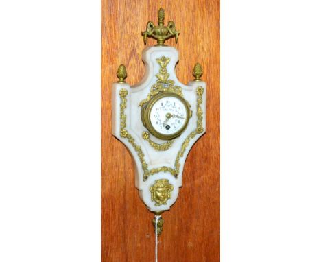 A marble and gilt metal mounted wall timepiece, circa 1910, scroll, floral, acorn and mask gilt mounts, enamel dial with Arab