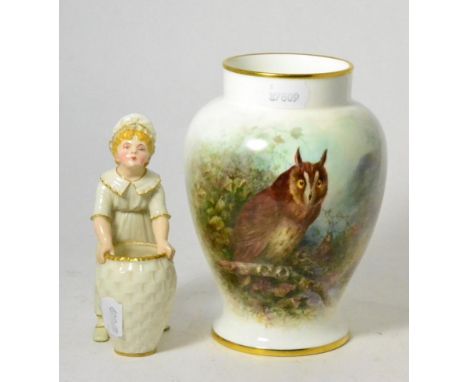 Coalport china vase, painted with long eared owl, signed R Budd and a Royal Worcester china figure after James Hadley (a.f.) 