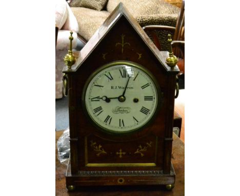 An early Victorian rosewood bracket clock, by R J Warren, London, of architectural form, Roman dial, twin face striking movem