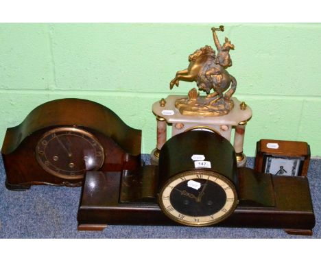 A 19th century alabaster and gilt metal mounted mantel clock surmounted by a warrior on horse together with a chiming mantel 