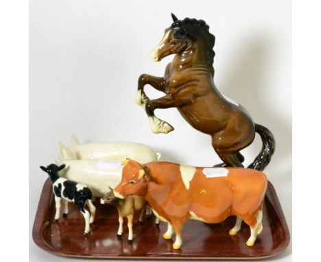 Six various Beswick pottery animal figures, including 1014, rearing horse 