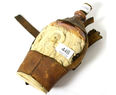 An 18th century flagon/flask with leather mounts, portrait of Queen Charlotte / Caroline?