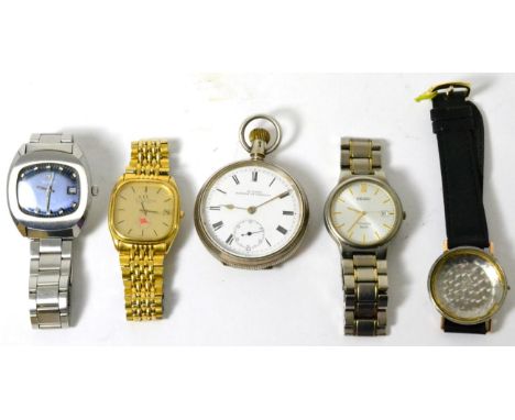 A Tissot Seastar wristwatch, an Omega plated wristwatch, an Omega Seamaster steel case, Seiko Titanium wristwatch and a silve