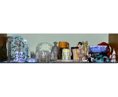 A quantity of ornaments including Victorian Bevington wheelbarrow figure, Poole dolphin, two Canton plates, a set of six cut 