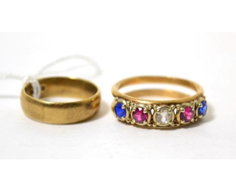 A 9ct gold band ring and a gem set ring, stamped '14K' (2)9.51g gross, finger size N1/2 and V