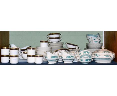 Royal Doulton Harlow pattern part dinner service together with Booths Dragon ware part dinner service on one shelf