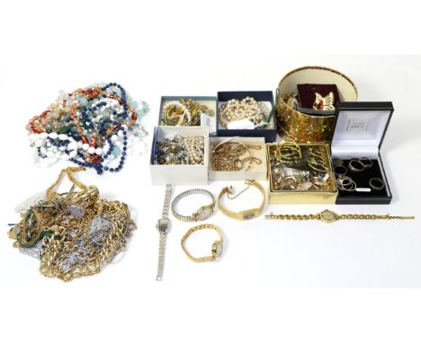 A 9ct gold bangle, two 9ct gold chains, two pairs of 9ct gold earrings and costume jewelleryGold - 21.94g gross