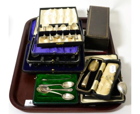 Nine cased sets of spoons including apostle spoons, tea spoons, coffee spoons etc, together with cased brush and comb