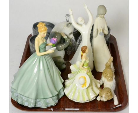 Four Swarovski crystal figures, boxed together with a miscellaneous group of Lladro, Nao, Royal Doulton etc (three boxes)