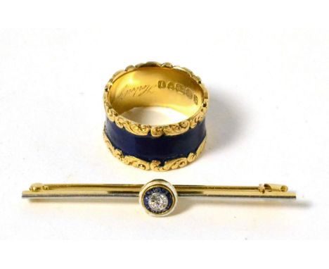 An 18ct gold blue enamel ring (re-enamelled) and a diamond set brooch (2) Finger size Q, 9.9g gross