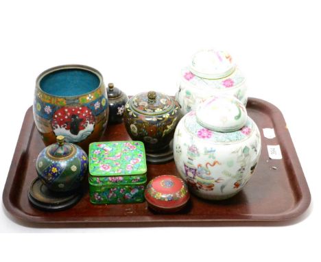 A pair of Chinese famille rose ginger jars and covers; together with a group of cloisonne enamel items 