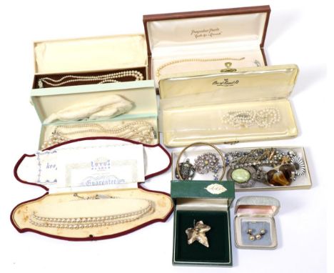 Danish silver and enamel daisy brooch and pendant, pair of 9ct gold cufflinks and a quantity of pearl necklaces etc