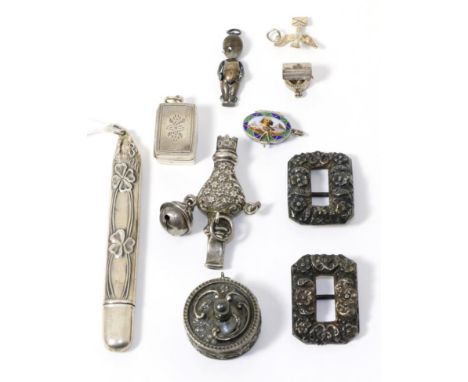 A vinaigrette, stamped 'Sterling', a pencil holder, a silver measuring tape holder, an infant's teething rattle (a.f.), two b