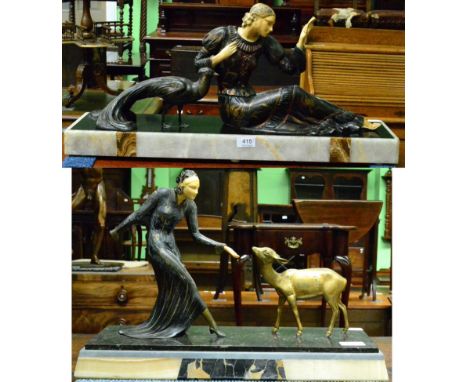 Art Deco Style figure group of a lady and a peacock, on alabaster base, together with another of a lady and a deer (a.f.)