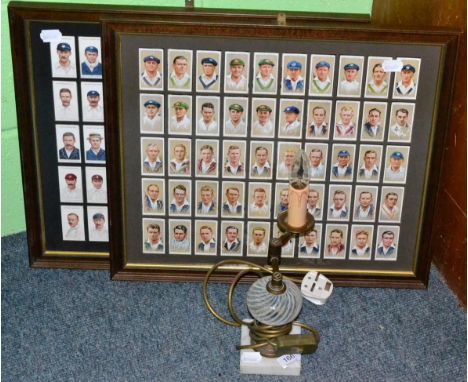 A set of Wills cigarette cards, a set of players cigarette cards both framed and a vaseline pivoting table lamp 