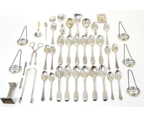 A set of six early Victorian silver fiddle pattern teaspoons, Exeter, 1845; together with another set of six; a set of ten si