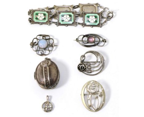 An enamel bracelet with Yorkshire rose motif links, four pieces of Rennie Mackintosh style jewellery and two brooches 