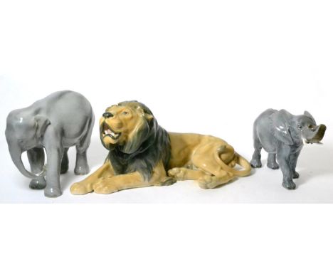 Royal Copenhagen porcelain model of a lion; another of an African elephant; and one of an Indian elephant (3) All in good con