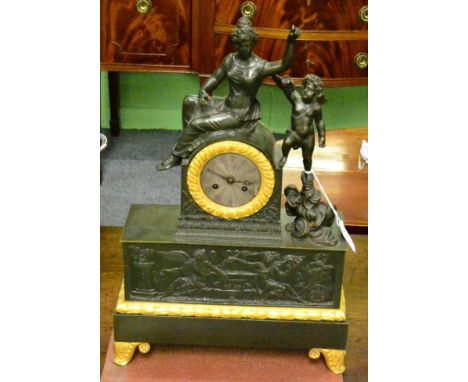 A French gilt metal striking mantel clock, case depicting a lady in robes with a winged cherub