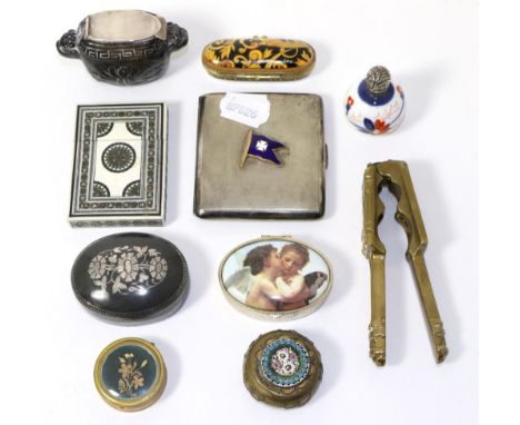 Silver and enamel cigarette case, patch boxes, scent bottle and card case 