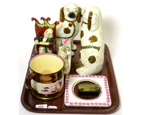 A Staffordshire model of Judge and Moses, a pair of Staffordshire spaniels, spill vase, frame, copper lustre mug and a lacque