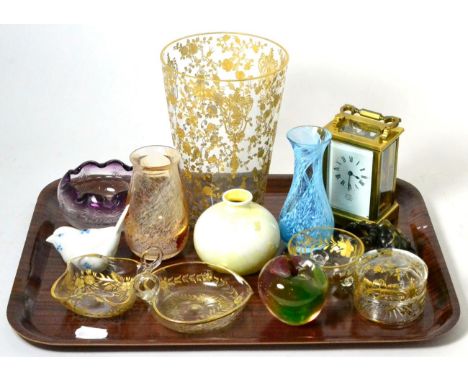 A quantity of art glass, gilt decorated glass, Doulton vase, a carriage clock etc